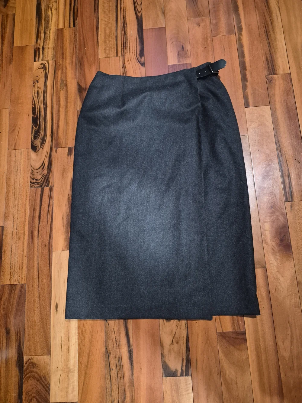 Talbots Petites 14 Gray Wool Twill Wrap Midi Skirt Buckle Lined